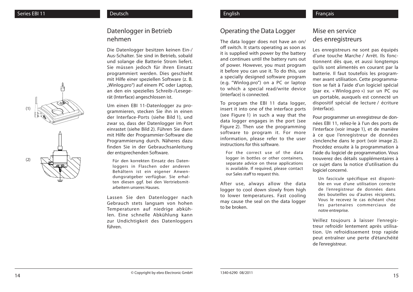 Datenlogger in betrieb nehmen, Operating the data logger, Mise en service des enregistreurs | Xylem EBI 11 Serie User Manual | Page 14 / 14