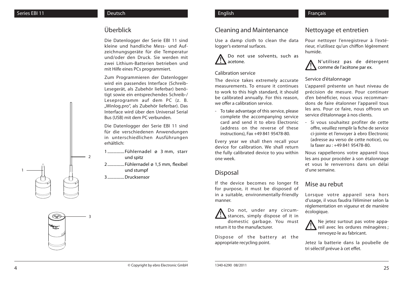 Überblick, Cleaning and maintenance, Disposal | Nettoyage et entretien, Mise au rebut | Xylem EBI 11 Serie User Manual | Page 4 / 14