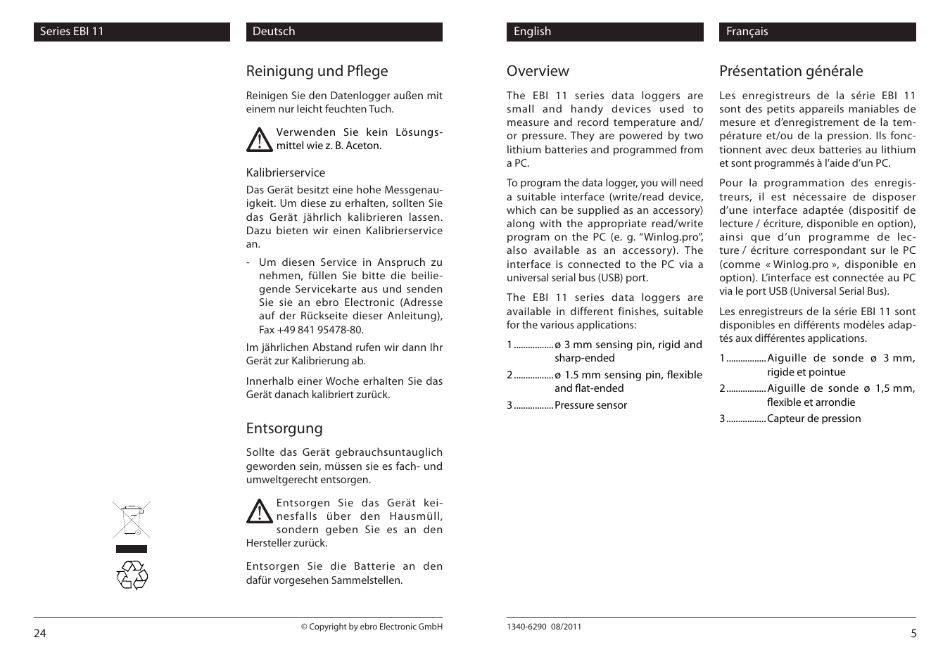 Reinigung und pfl ege, Entsorgung, Overview | Présentation générale | Xylem EBI 11 Serie User Manual | Page 5 / 14