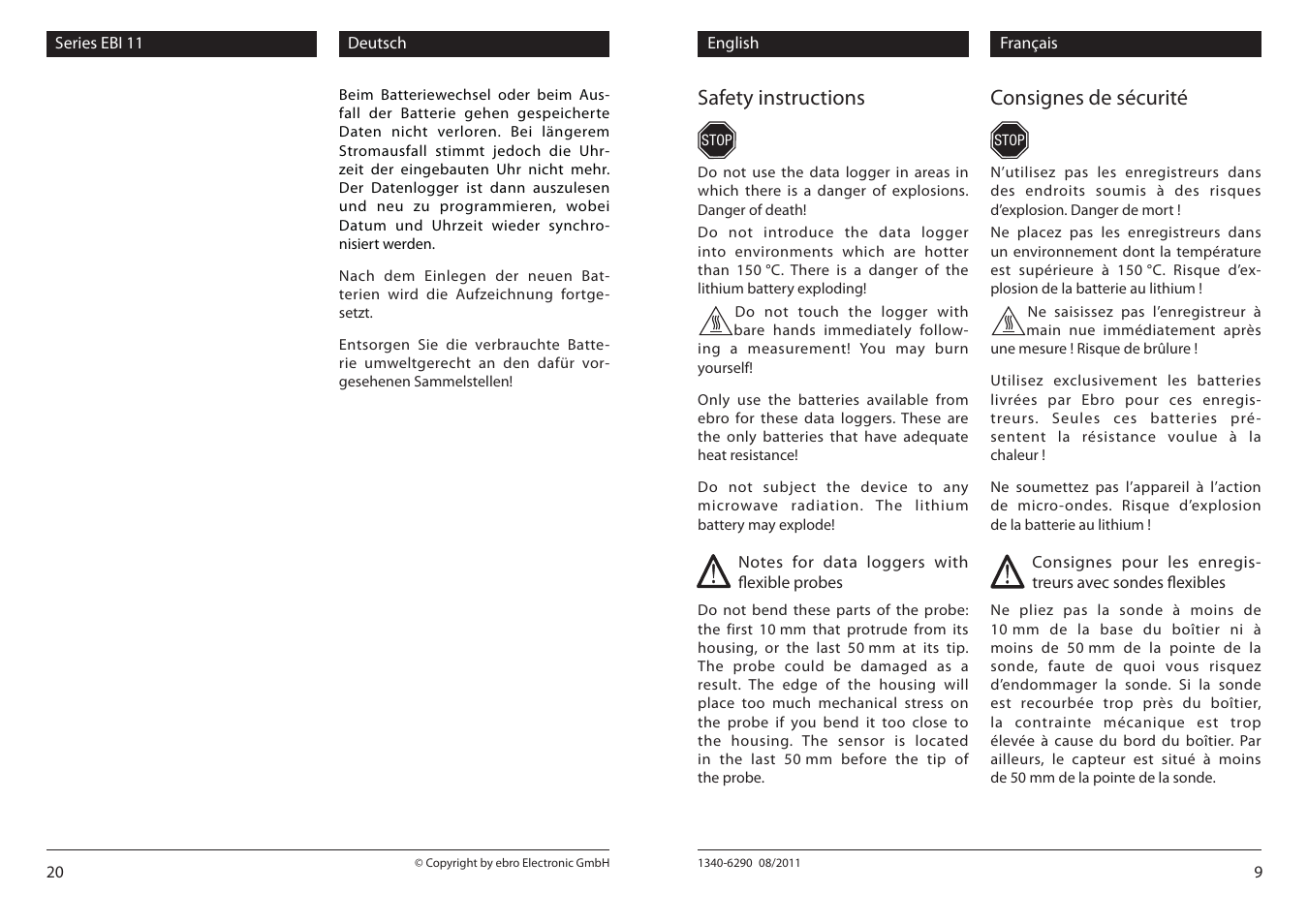 Safety instructions, Consignes de sécurité | Xylem EBI 11 Serie User Manual | Page 9 / 14