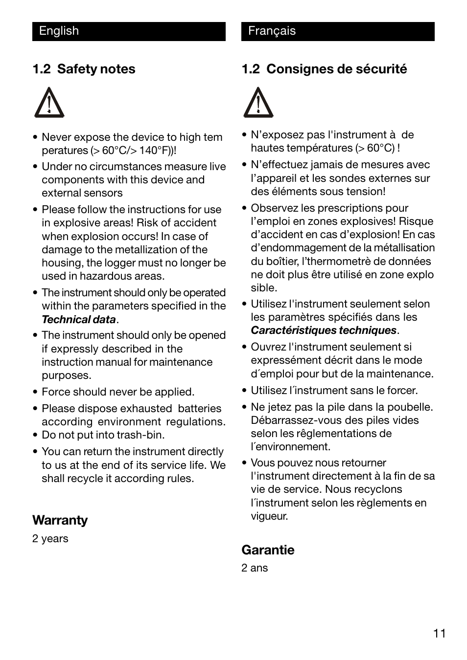 Warranty, 2 consignes de sécurité, Garantie | Xylem TFN 520/530 User Manual | Page 11 / 40