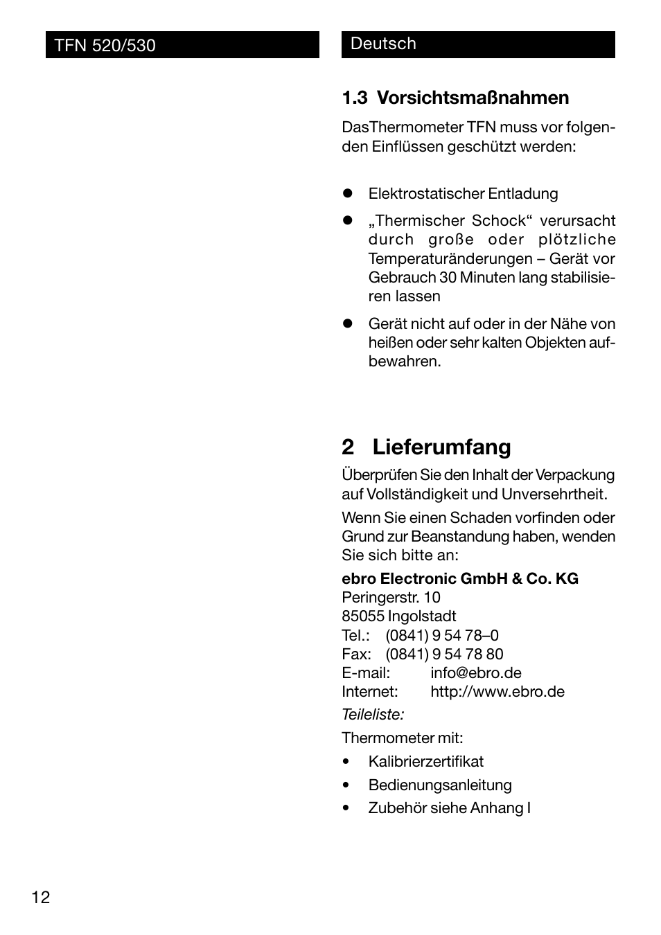 2 lieferumfang, 3 vorsichtsmaßnahmen | Xylem TFN 520/530 User Manual | Page 12 / 40