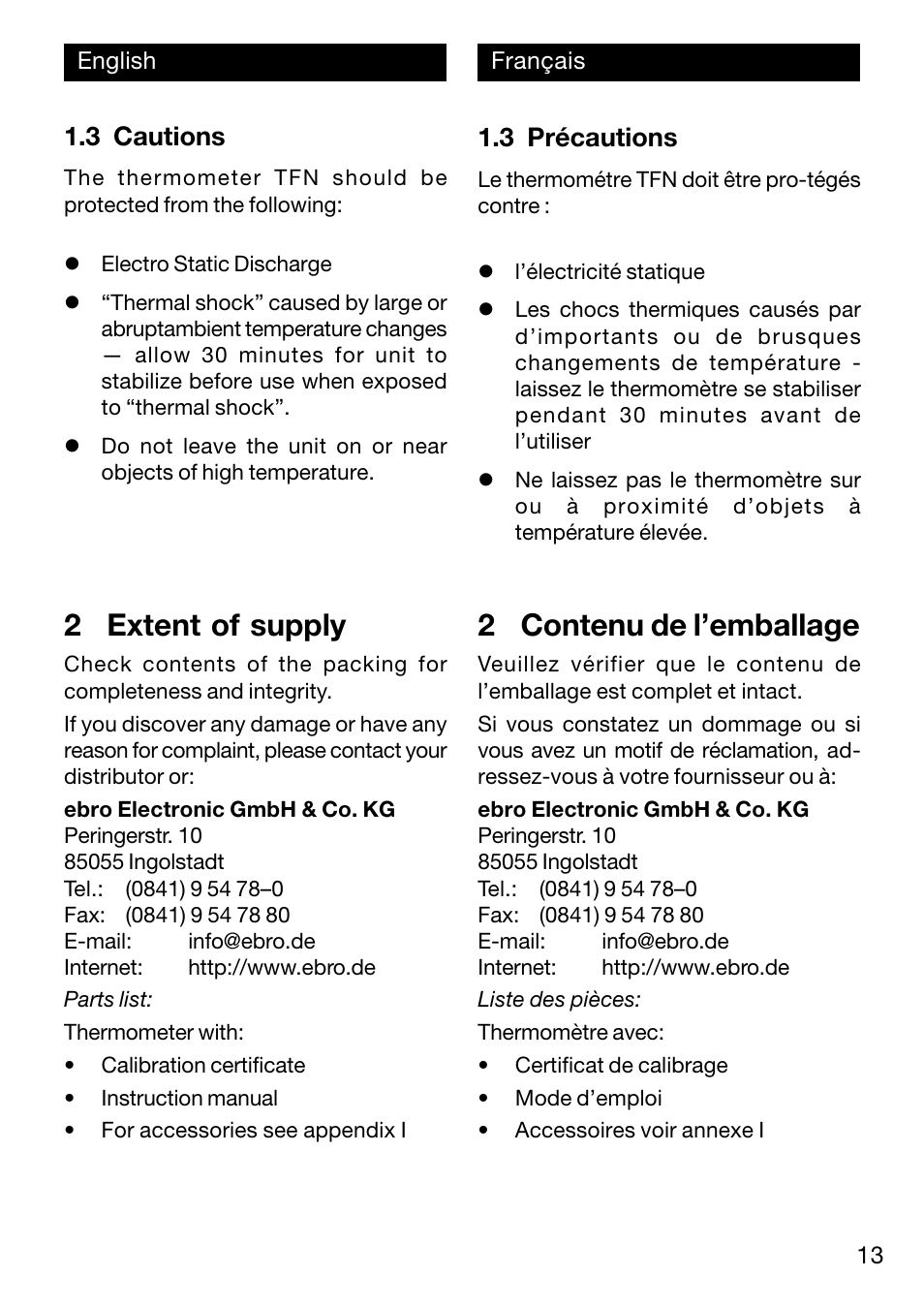 2 extent of supply, 2 contenu de l’emballage, 3 cautions | 3 précautions | Xylem TFN 520/530 User Manual | Page 13 / 40