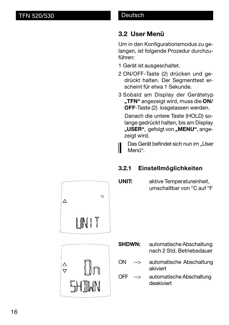 2 user menü | Xylem TFN 520/530 User Manual | Page 16 / 40