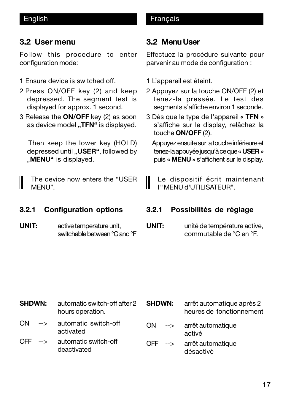 2 user menu, 2 menu user | Xylem TFN 520/530 User Manual | Page 17 / 40