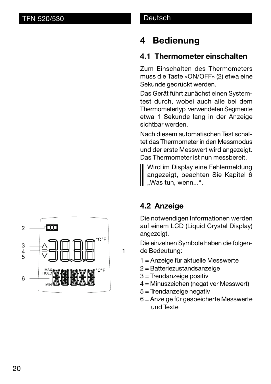 4 bedienung, 1 thermometer einschalten, 2 anzeige | Xylem TFN 520/530 User Manual | Page 20 / 40