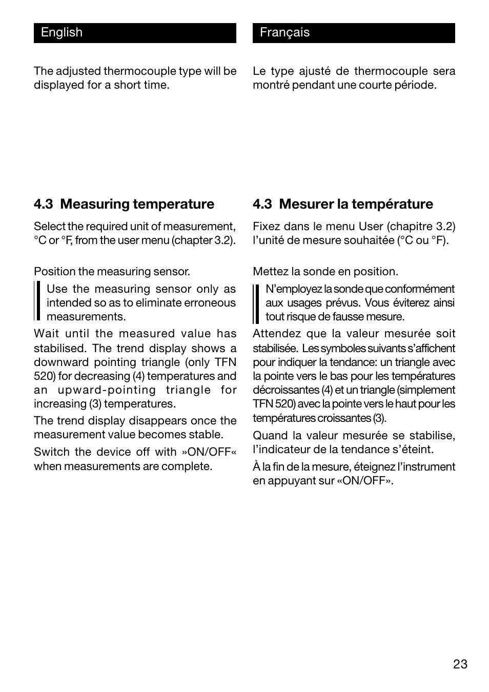 3 measuring temperature, 3 mesurer la température | Xylem TFN 520/530 User Manual | Page 23 / 40
