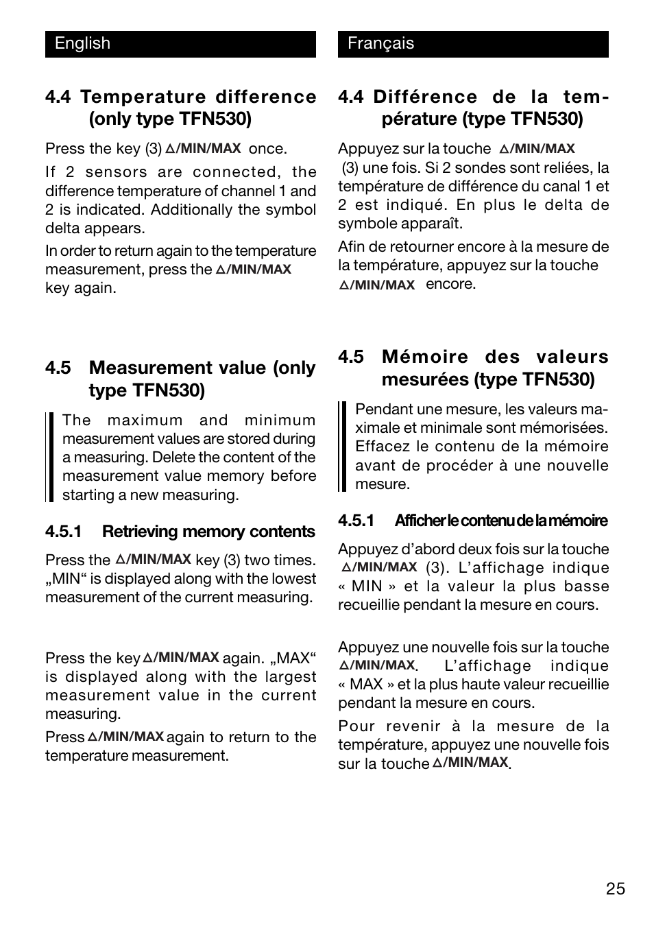 4 temperature difference (only type tfn530), 5 measurement value (only type tfn530), 4 différence de la tem- pérature (type tfn530) | 5 mémoire des valeurs mesurées (type tfn530) | Xylem TFN 520/530 User Manual | Page 25 / 40