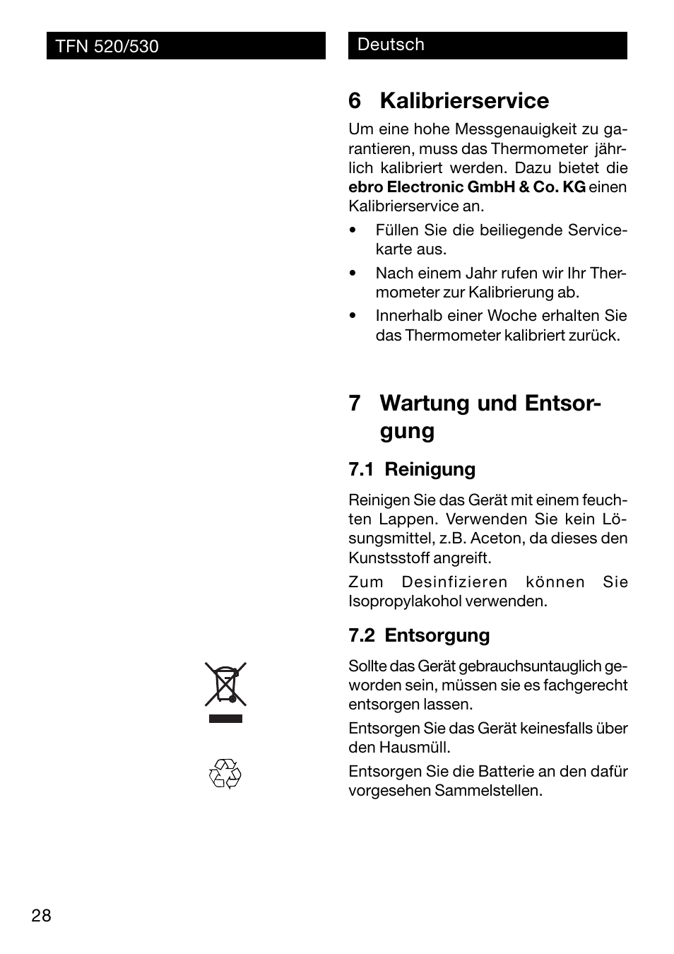 6 kalibrierservice, 7 wartung und entsor- gung | Xylem TFN 520/530 User Manual | Page 28 / 40