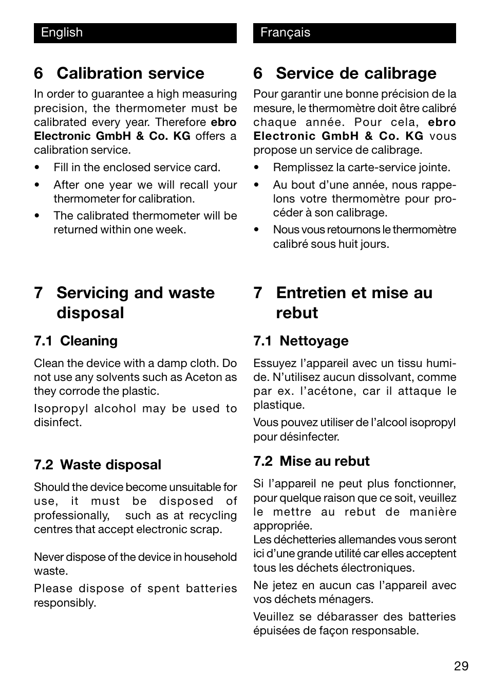 6 calibration service, 6 service de calibrage, 7 entretien et mise au rebut | 7 servicing and waste disposal | Xylem TFN 520/530 User Manual | Page 29 / 40