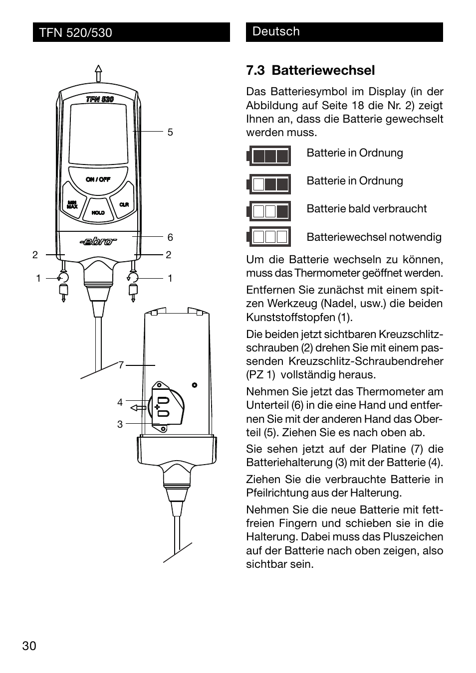3 batteriewechsel | Xylem TFN 520/530 User Manual | Page 30 / 40