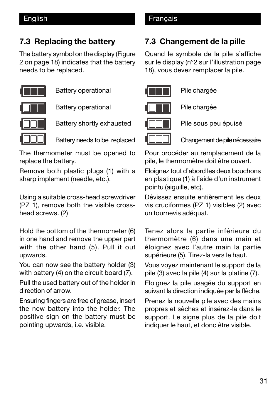 3 changement de la pille, 3 replacing the battery | Xylem TFN 520/530 User Manual | Page 31 / 40