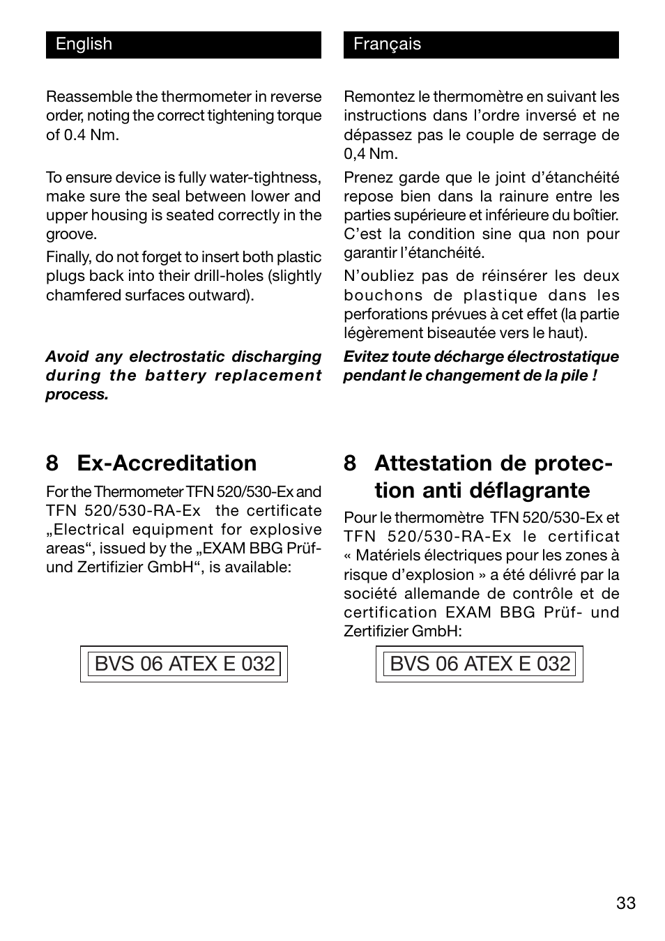 8 ex-accreditation, 8 attestation de protec- tion anti déflagrante | Xylem TFN 520/530 User Manual | Page 33 / 40