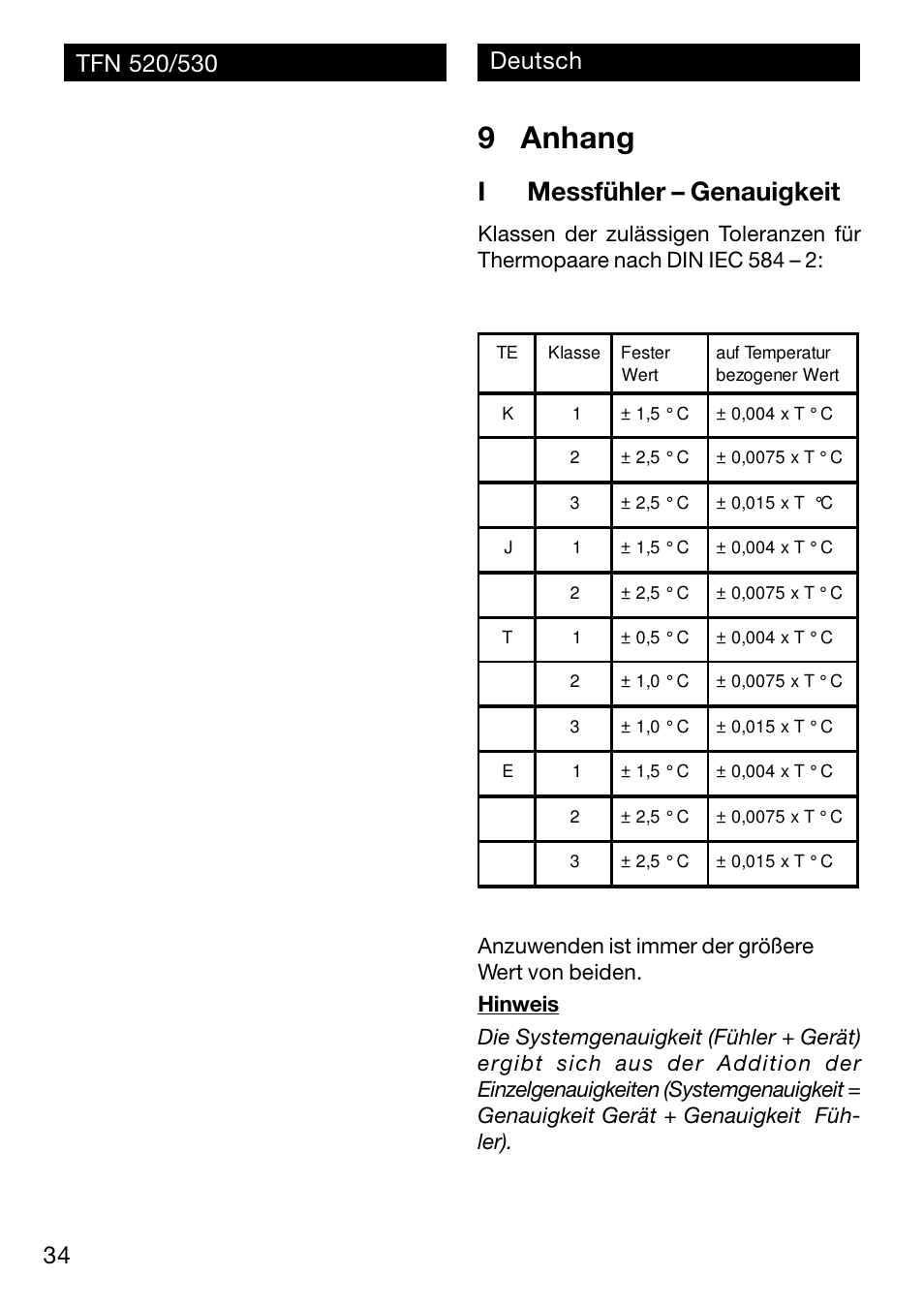 9 anhang, Imessfühler – genauigkeit | Xylem TFN 520/530 User Manual | Page 34 / 40