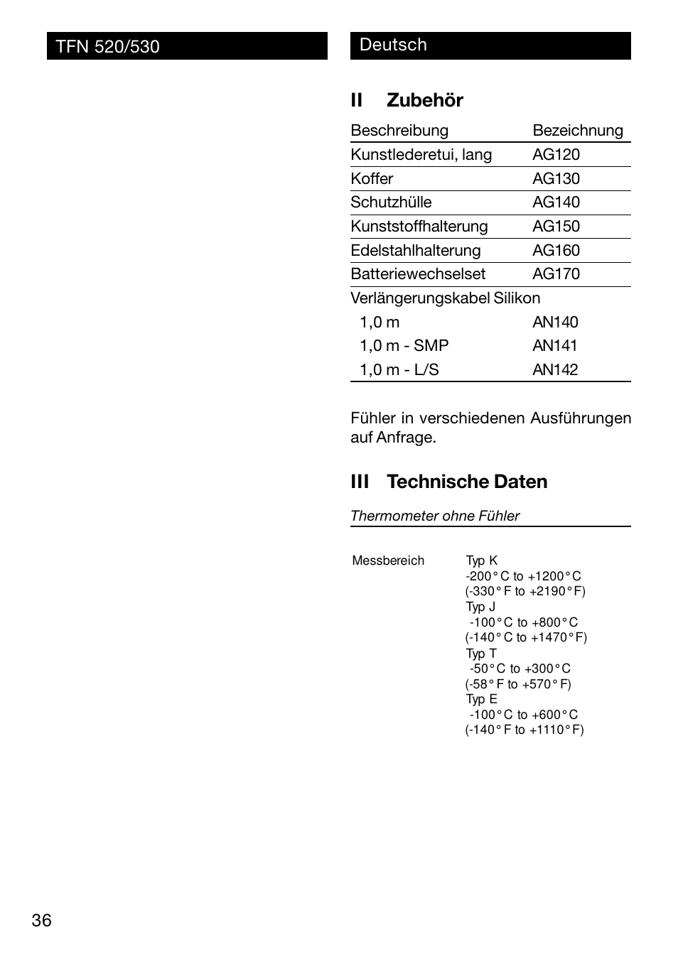 Ii zubehör, Iii technische daten | Xylem TFN 520/530 User Manual | Page 36 / 40