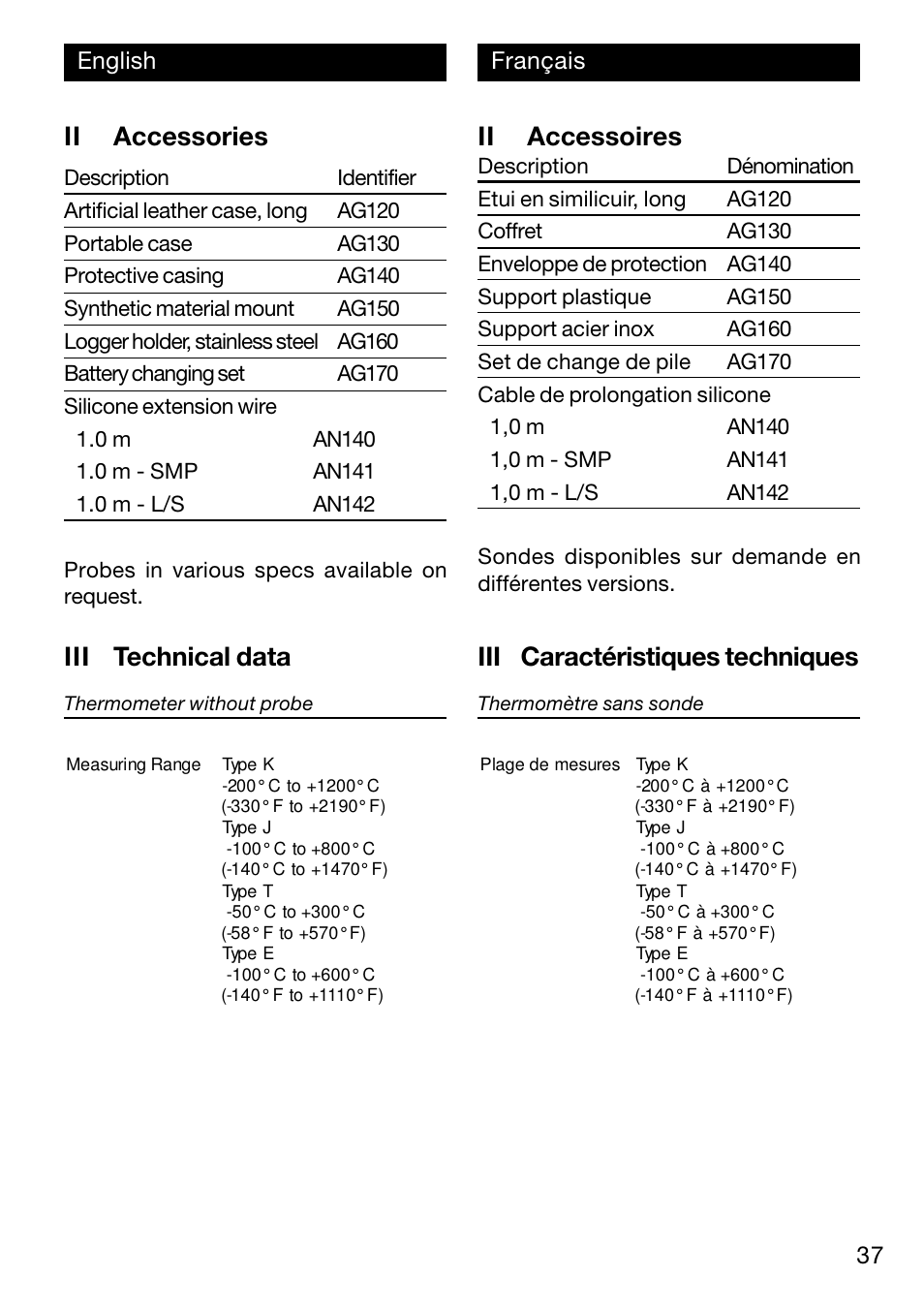 Ii accessories, Ii accessoires, Iii technical data | Iii caractéristiques techniques | Xylem TFN 520/530 User Manual | Page 37 / 40