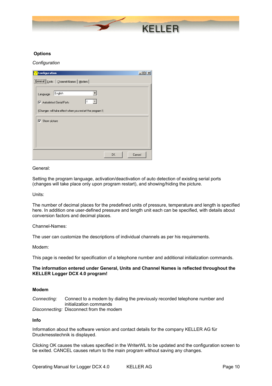 Options, Modem, Info | Xylem DCX-22 SELF CONTAINED WATER LEVEL DATALOGGERS KELLER Logger DCX 4.0 User Manual | Page 10 / 30