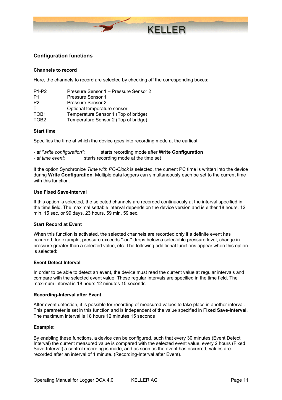 Configuration functions, Channels to record, Start time | Use fixed save-interval, Start record at event, Event detect interval, Recording-interval after event | Xylem DCX-22 SELF CONTAINED WATER LEVEL DATALOGGERS KELLER Logger DCX 4.0 User Manual | Page 11 / 30