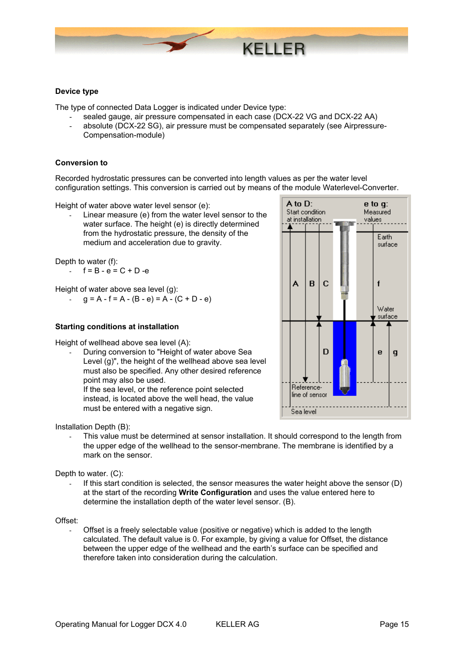 Device type, Conversion to, Starting conditions at installation | Xylem DCX-22 SELF CONTAINED WATER LEVEL DATALOGGERS KELLER Logger DCX 4.0 User Manual | Page 15 / 30