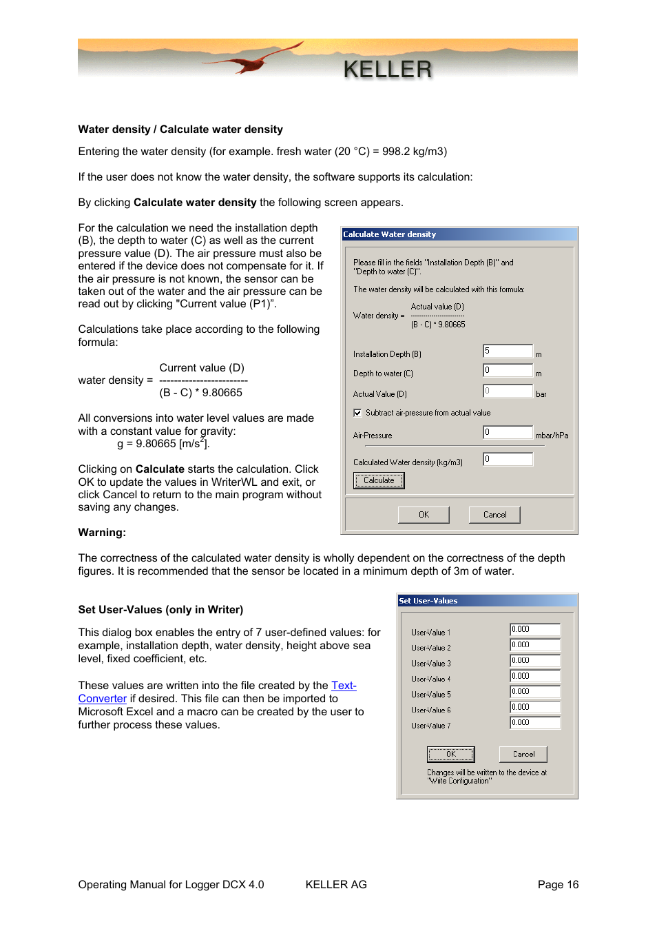 Water density / calculate water density, Set user-values (only in writer) | Xylem DCX-22 SELF CONTAINED WATER LEVEL DATALOGGERS KELLER Logger DCX 4.0 User Manual | Page 16 / 30