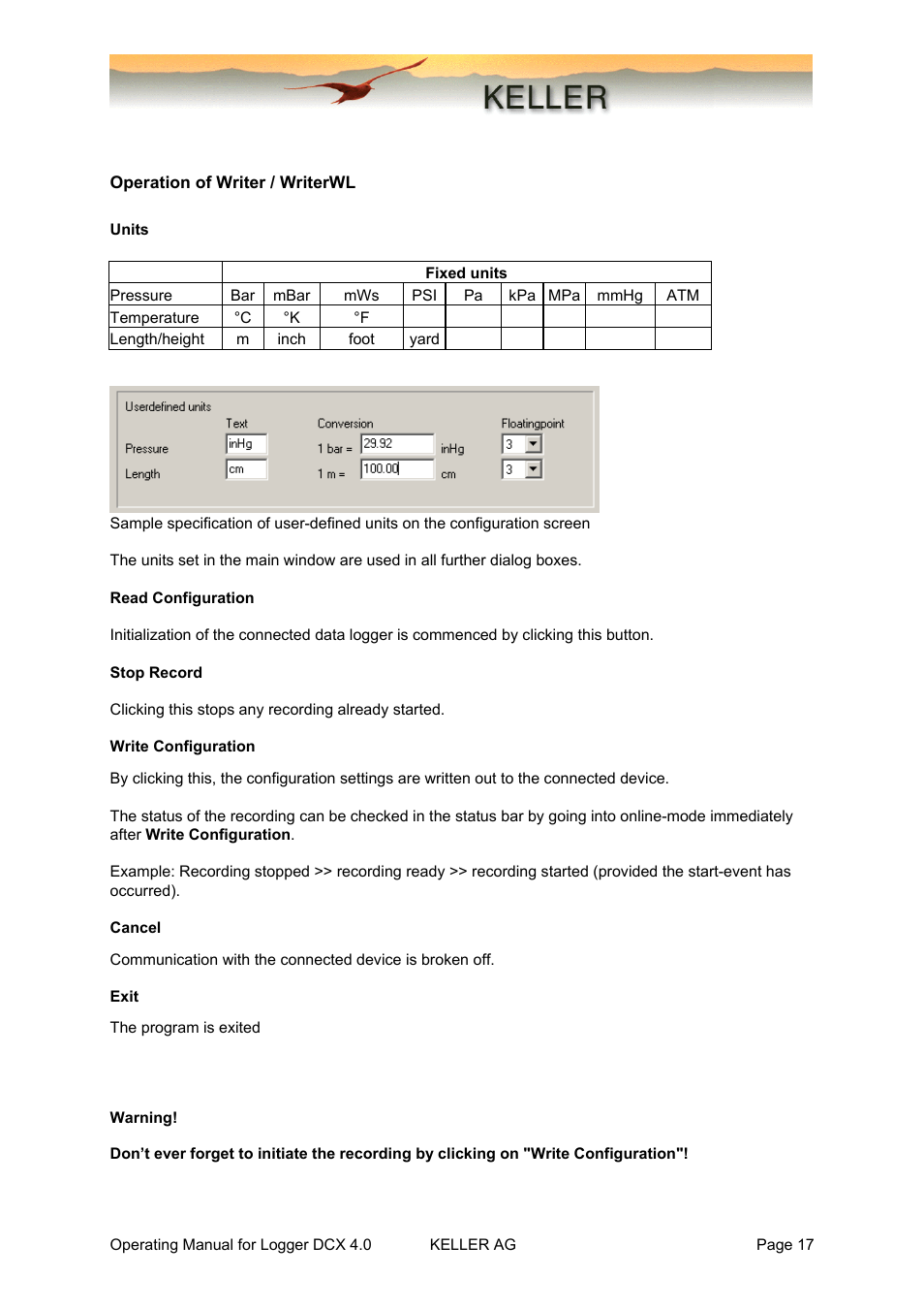 Operation of writer / writerwl, Units, Read configuration | Stop record, Write configuration, Cancel, Exit, Read-out of stored measured values | Xylem DCX-22 SELF CONTAINED WATER LEVEL DATALOGGERS KELLER Logger DCX 4.0 User Manual | Page 17 / 30