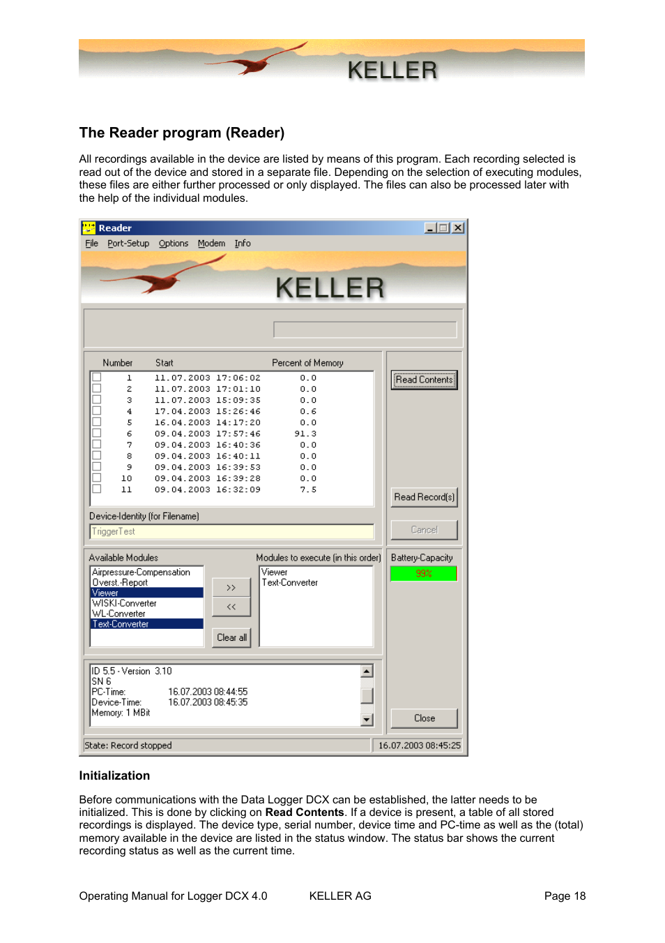 The reader program (reader), Initialization | Xylem DCX-22 SELF CONTAINED WATER LEVEL DATALOGGERS KELLER Logger DCX 4.0 User Manual | Page 18 / 30