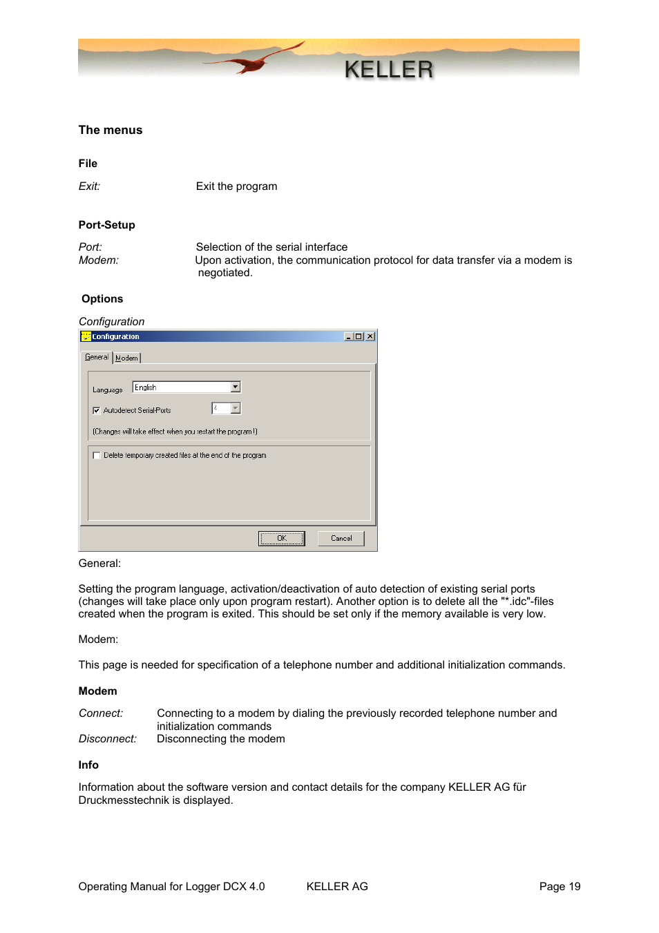 The menus, File, Port-setup | Options, Modem, Info | Xylem DCX-22 SELF CONTAINED WATER LEVEL DATALOGGERS KELLER Logger DCX 4.0 User Manual | Page 19 / 30