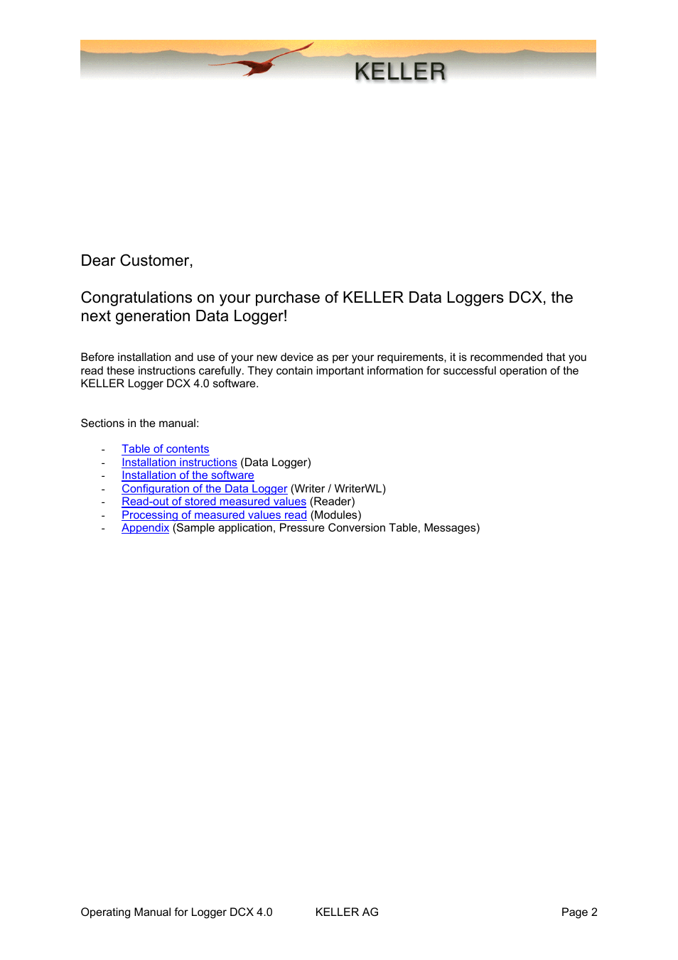 Xylem DCX-22 SELF CONTAINED WATER LEVEL DATALOGGERS KELLER Logger DCX 4.0 User Manual | Page 2 / 30