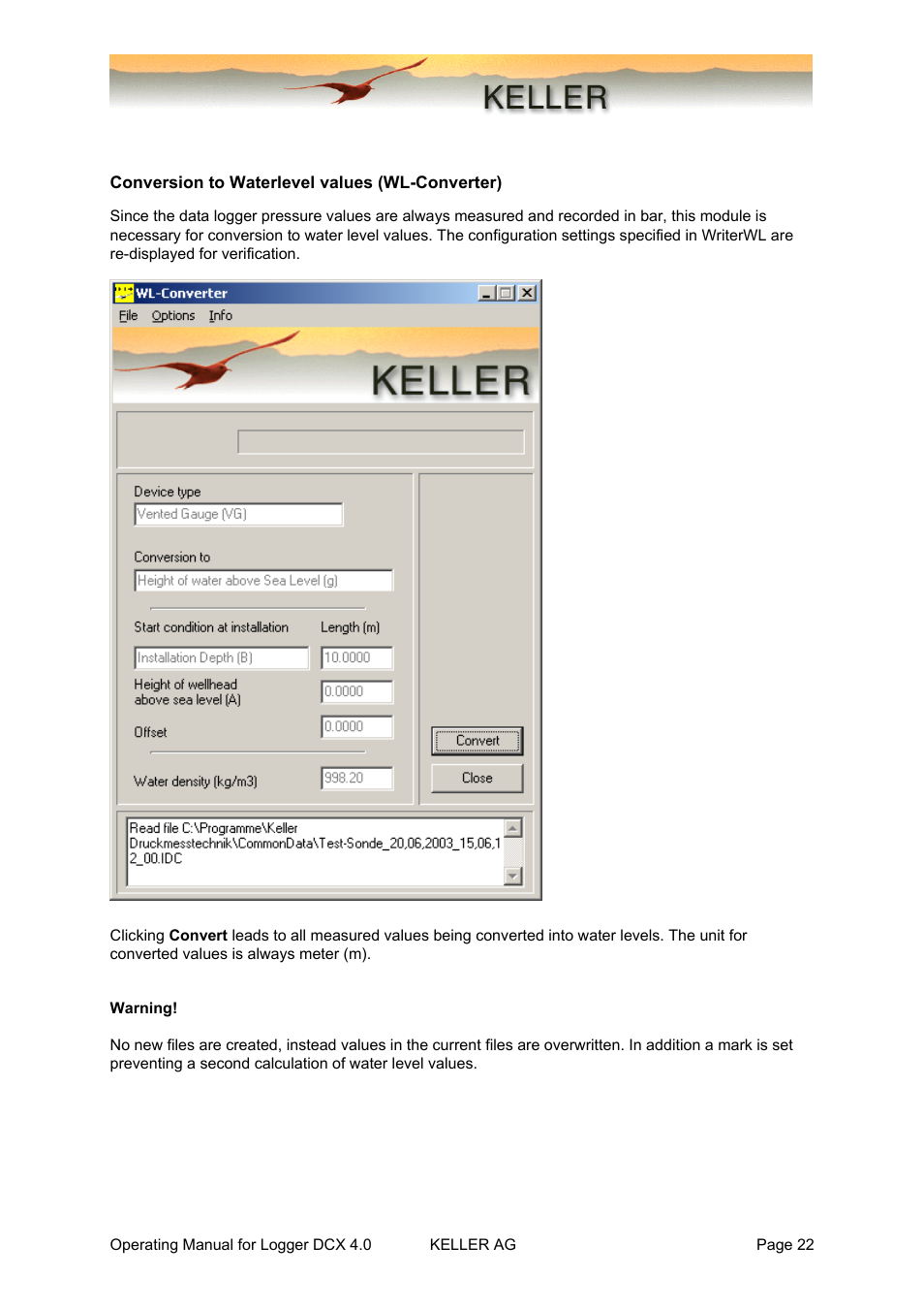 Conversion to waterlevel values (wl-converter) | Xylem DCX-22 SELF CONTAINED WATER LEVEL DATALOGGERS KELLER Logger DCX 4.0 User Manual | Page 22 / 30