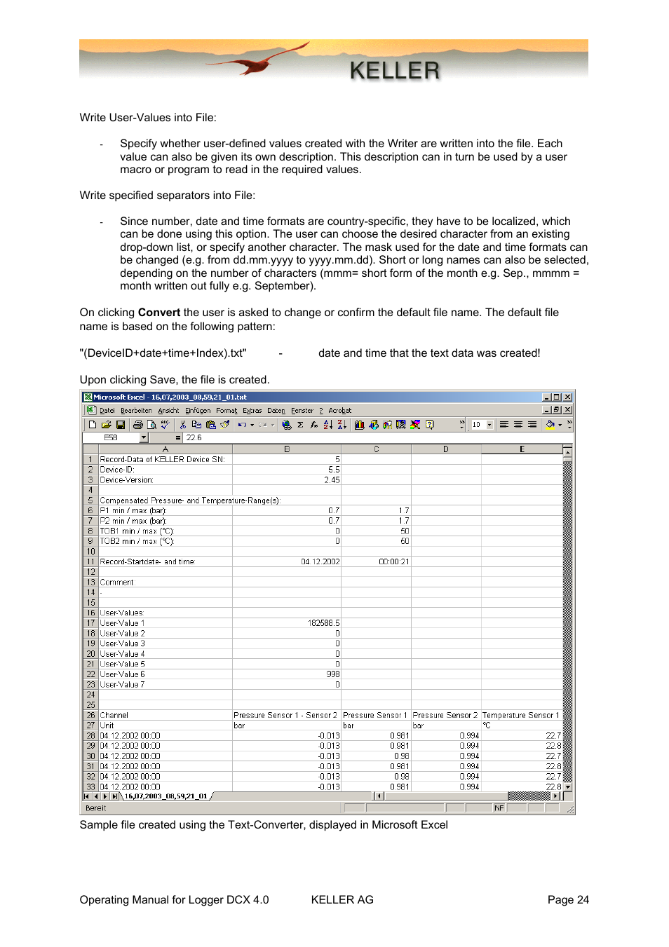 Xylem DCX-22 SELF CONTAINED WATER LEVEL DATALOGGERS KELLER Logger DCX 4.0 User Manual | Page 24 / 30