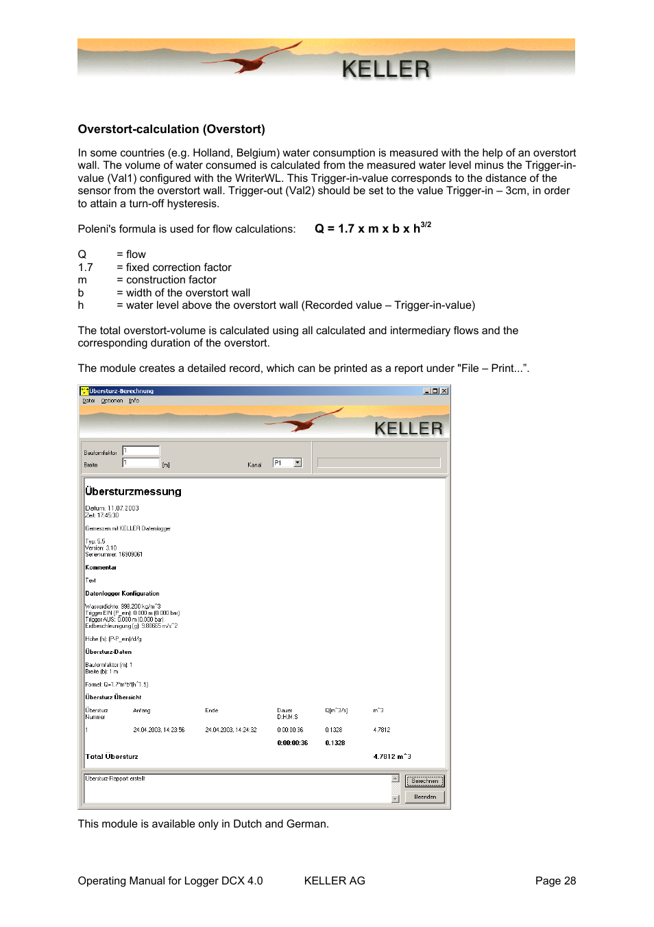 Overstort-calculation (overstort), Appendix | Xylem DCX-22 SELF CONTAINED WATER LEVEL DATALOGGERS KELLER Logger DCX 4.0 User Manual | Page 28 / 30