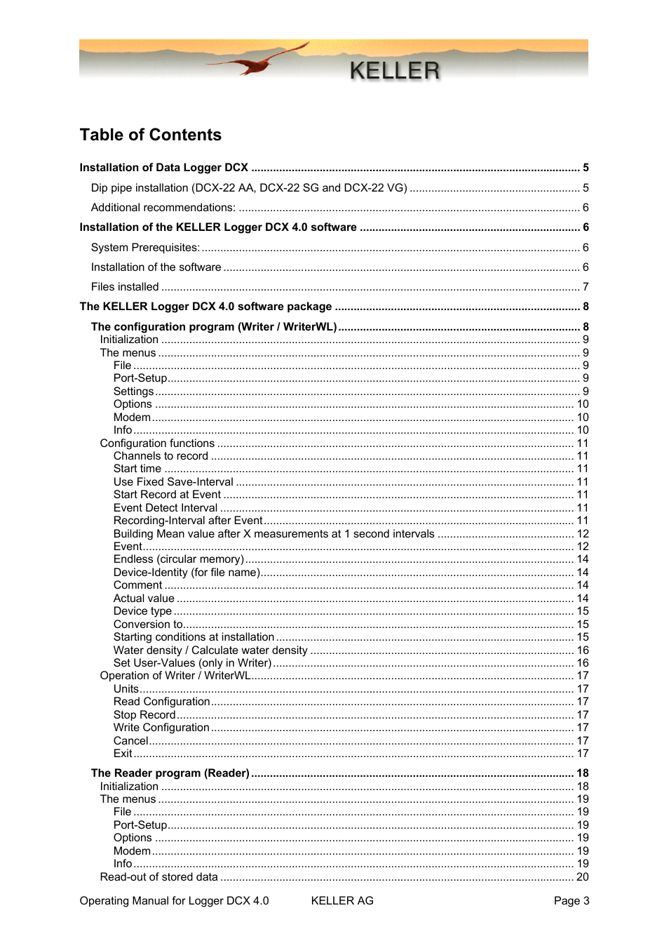 Xylem DCX-22 SELF CONTAINED WATER LEVEL DATALOGGERS KELLER Logger DCX 4.0 User Manual | Page 3 / 30