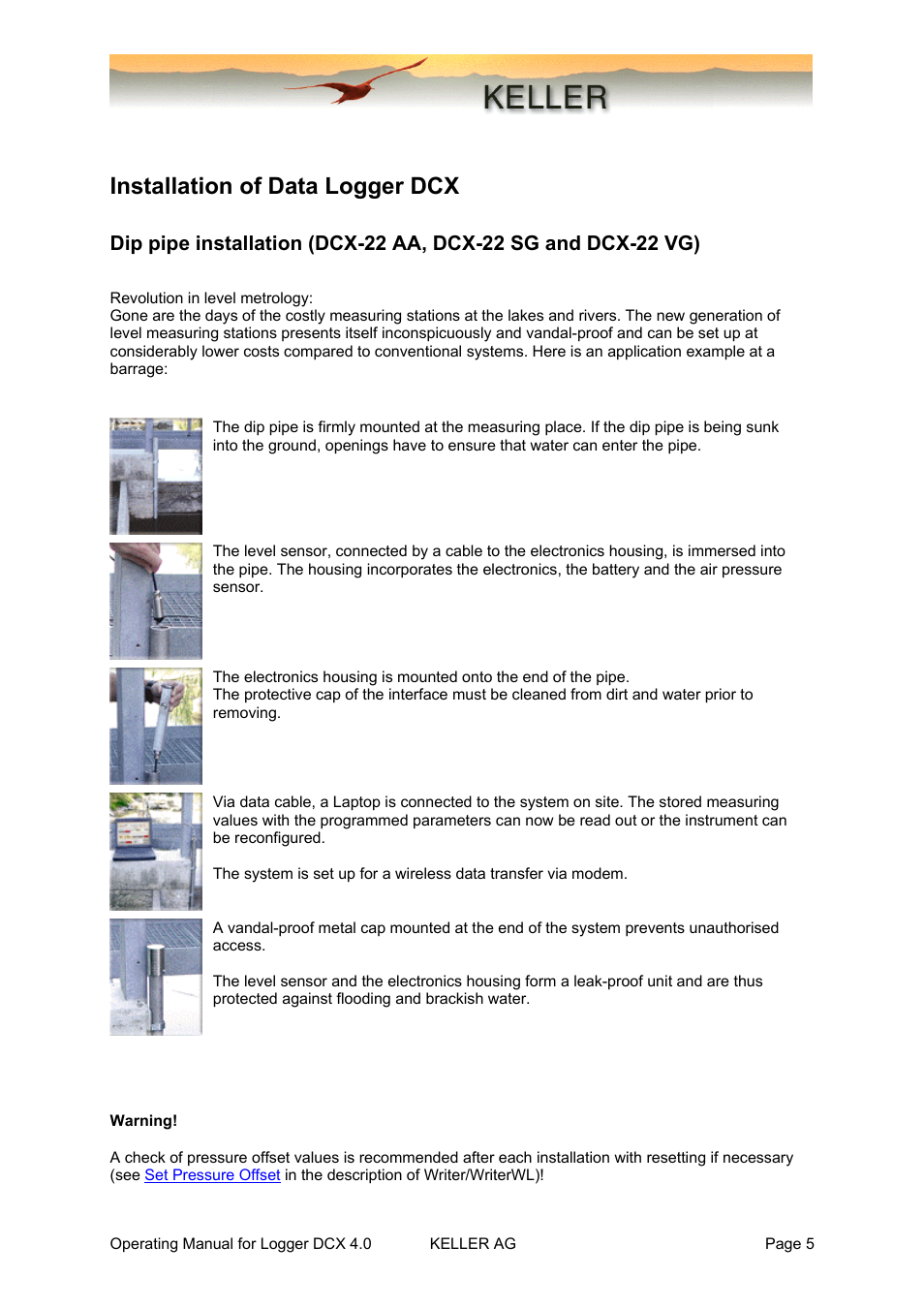 Installation of data logger dcx | Xylem DCX-22 SELF CONTAINED WATER LEVEL DATALOGGERS KELLER Logger DCX 4.0 User Manual | Page 5 / 30