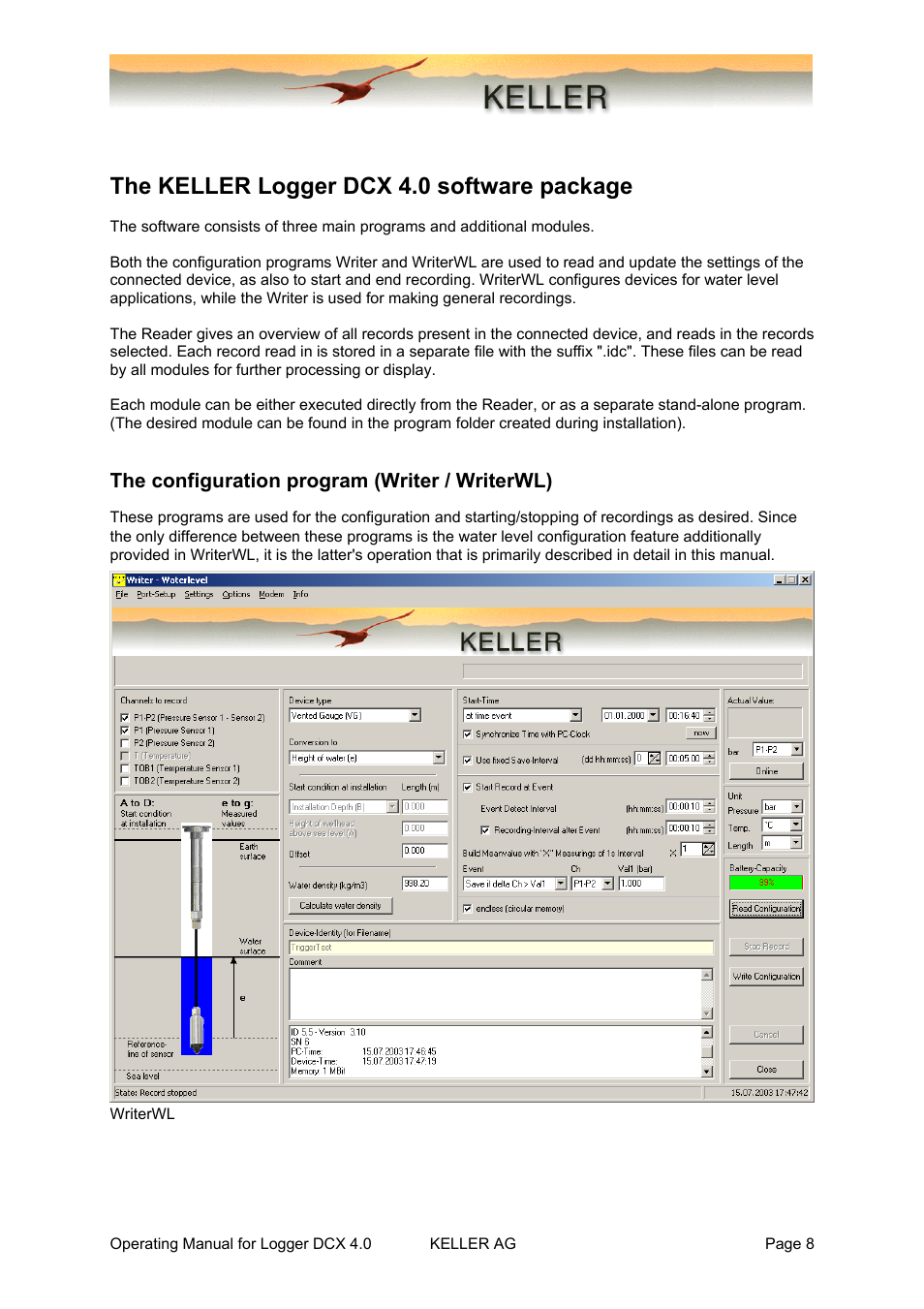The keller logger dcx 4.0 software package, The configuration program (writer / writerwl), Configuration of the data logger | Xylem DCX-22 SELF CONTAINED WATER LEVEL DATALOGGERS KELLER Logger DCX 4.0 User Manual | Page 8 / 30