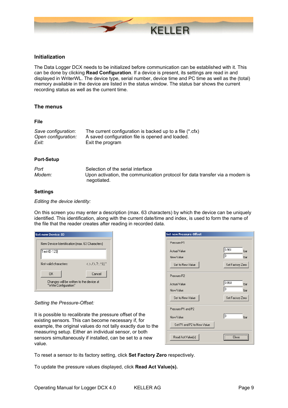 Initialization, The menus, File | Port-setup, Settings | Xylem DCX-22 SELF CONTAINED WATER LEVEL DATALOGGERS KELLER Logger DCX 4.0 User Manual | Page 9 / 30