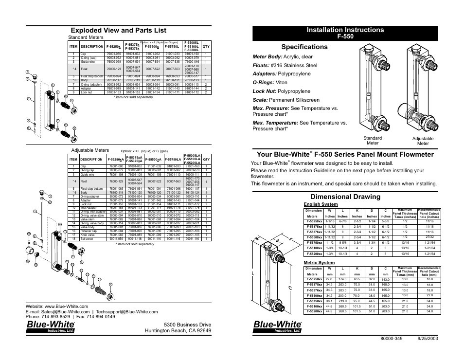 Xylem F550 PANEL MOUNT FLOWMETERS User Manual | 2 pages