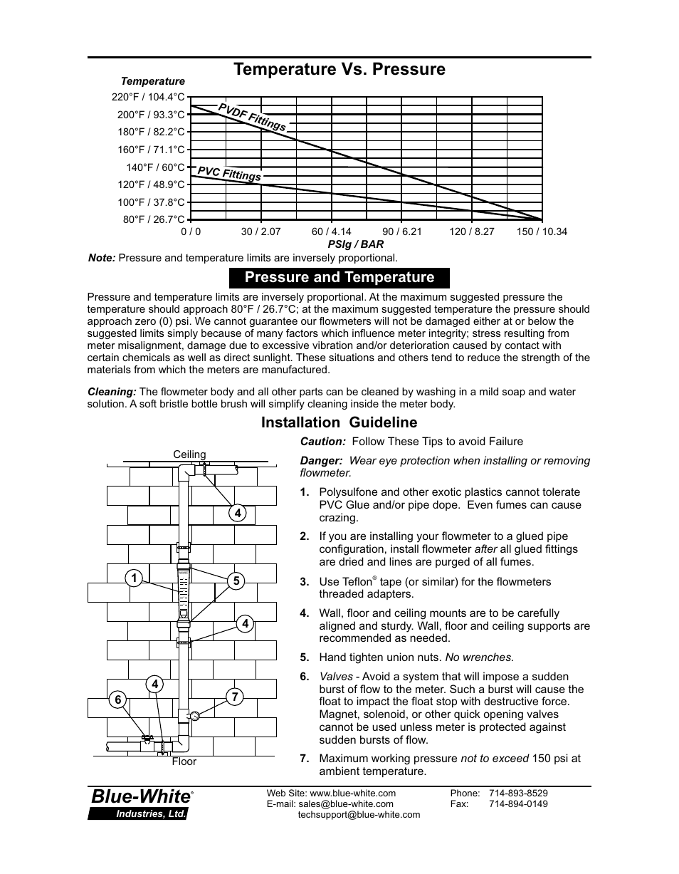 Blue-white, Temperature vs. pressure, Installation guideline | Pressure and temperature | Xylem F460 INLINE FLOW METERS User Manual | Page 2 / 2