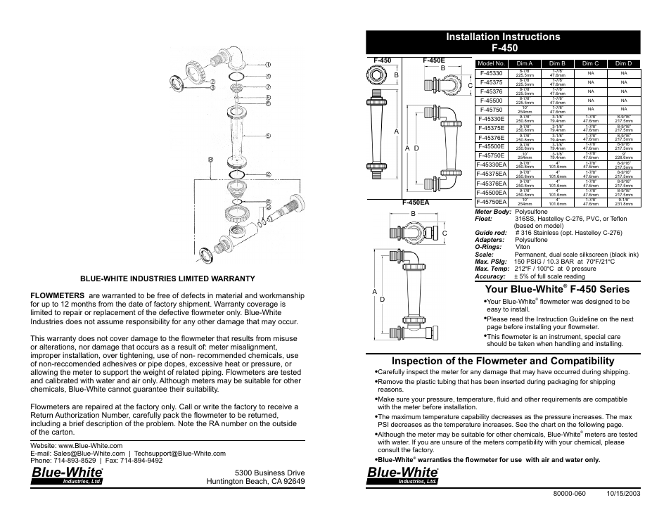 Xylem F450 VARIABLE AREA INLINE FLOWMETERS User Manual | 2 pages