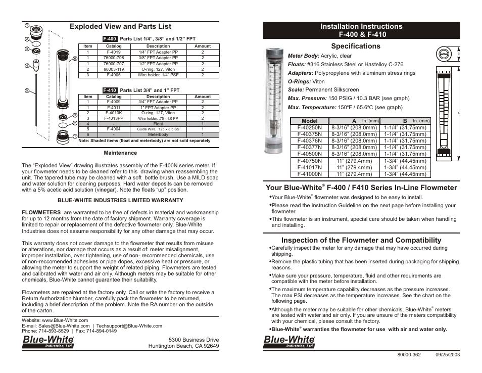 Xylem F410 VARIABLE AREA FLOWMETERS User Manual | 2 pages