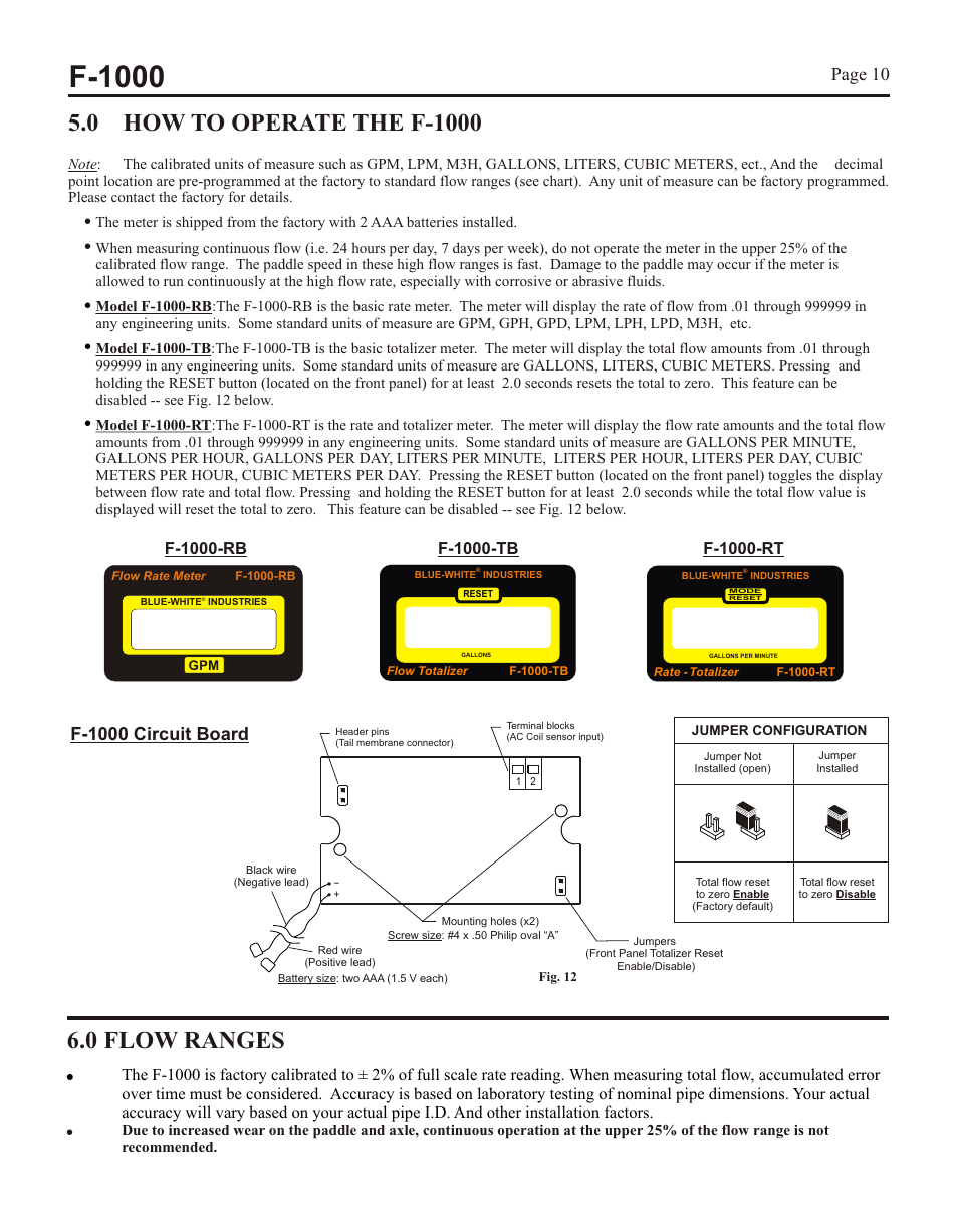F-1000, 0 flow ranges, Ips pipes | Metric pipes, Page 10, Page 11, F-1000 circuit board, Saddles - standard flow [min - max | Xylem F1000 PADDLEWHEEL FLOW METERS User Manual | Page 10 / 16