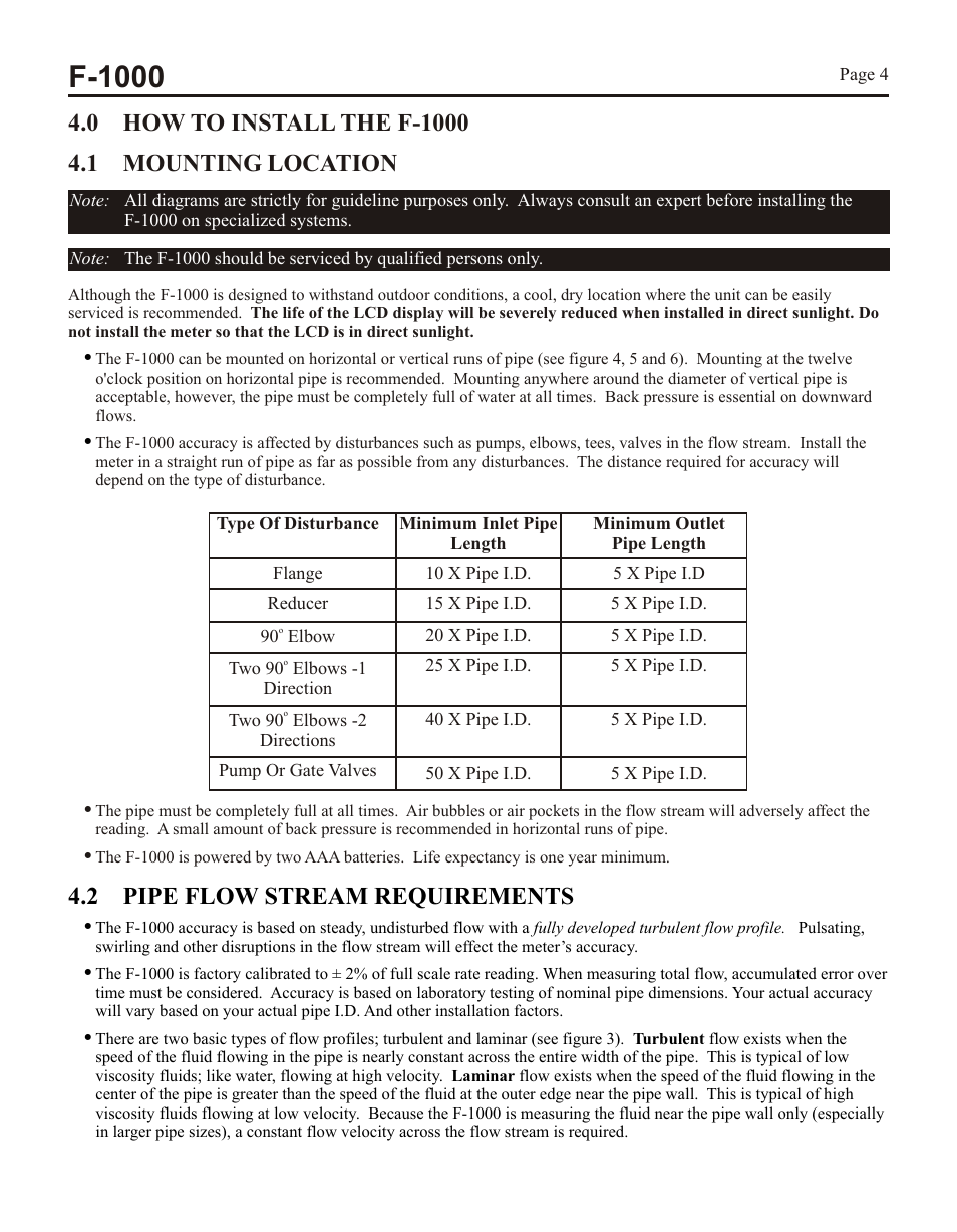 F-1000, 2 pipe flow stream requirements, Vertical mount | Horizontal mount, Flow | Xylem F1000 PADDLEWHEEL FLOW METERS User Manual | Page 4 / 16