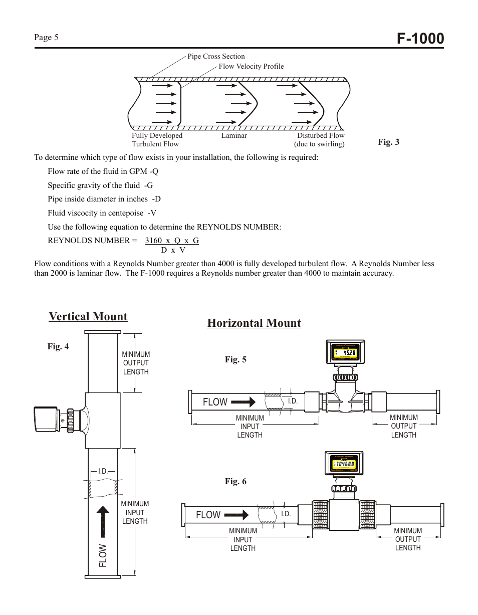 F-1000, 2 pipe flow stream requirements, Vertical mount | Horizontal mount, Flow | Xylem F1000 PADDLEWHEEL FLOW METERS User Manual | Page 5 / 16