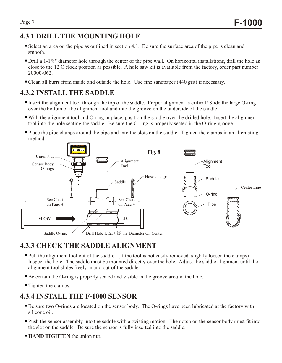 F-1000, 1 drill the mounting hole, 2 install the saddle | 3 check the saddle alignment | Xylem F1000 PADDLEWHEEL FLOW METERS User Manual | Page 7 / 16