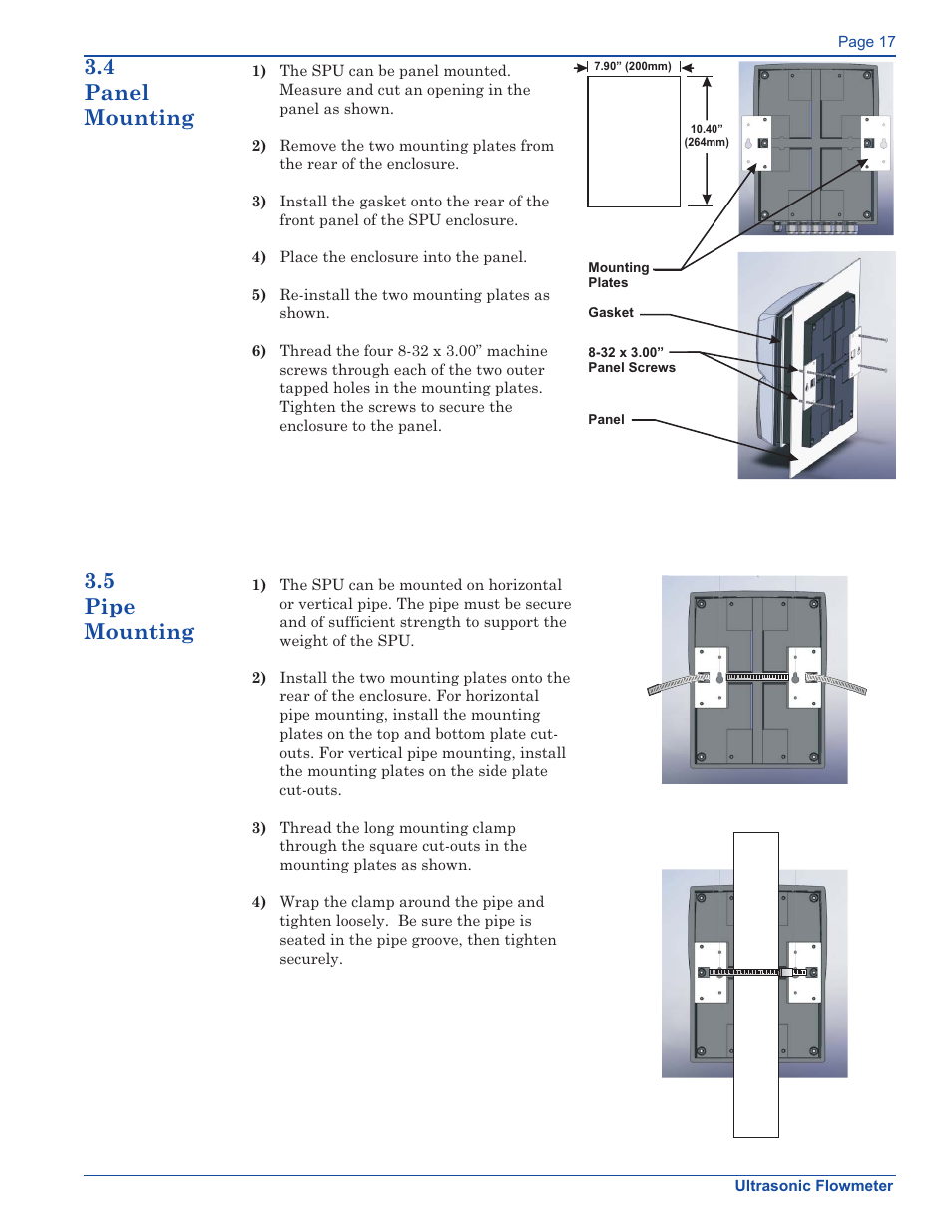 4 panel mounting 3.5 pipe mounting | Xylem FM500 ULTRASONIC FLOW METERS User Manual | Page 17 / 74