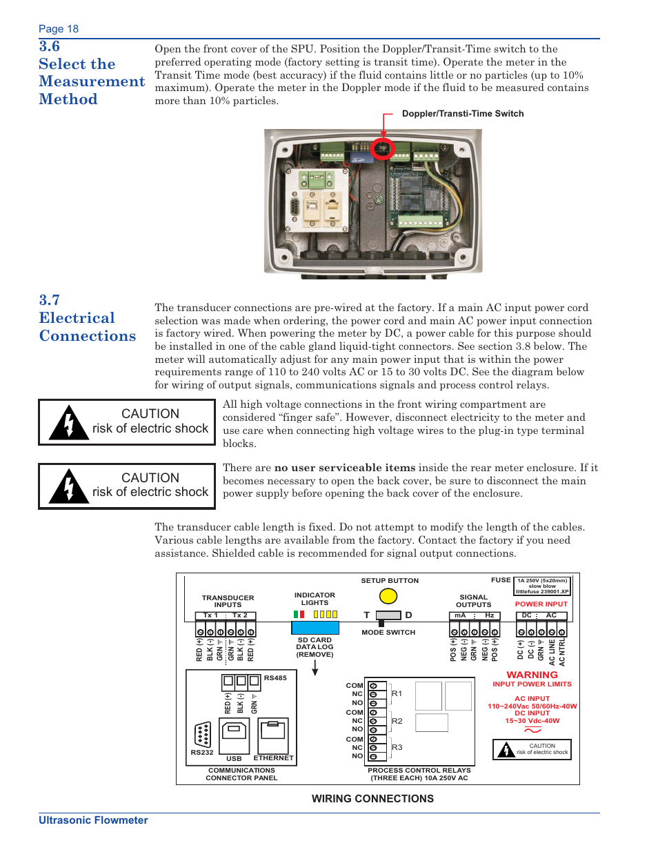 6 select the measurement method, 7 electrical connections, Caution risk of electric shock | Ultrasonic flowmeter | Xylem FM500 ULTRASONIC FLOW METERS User Manual | Page 18 / 74