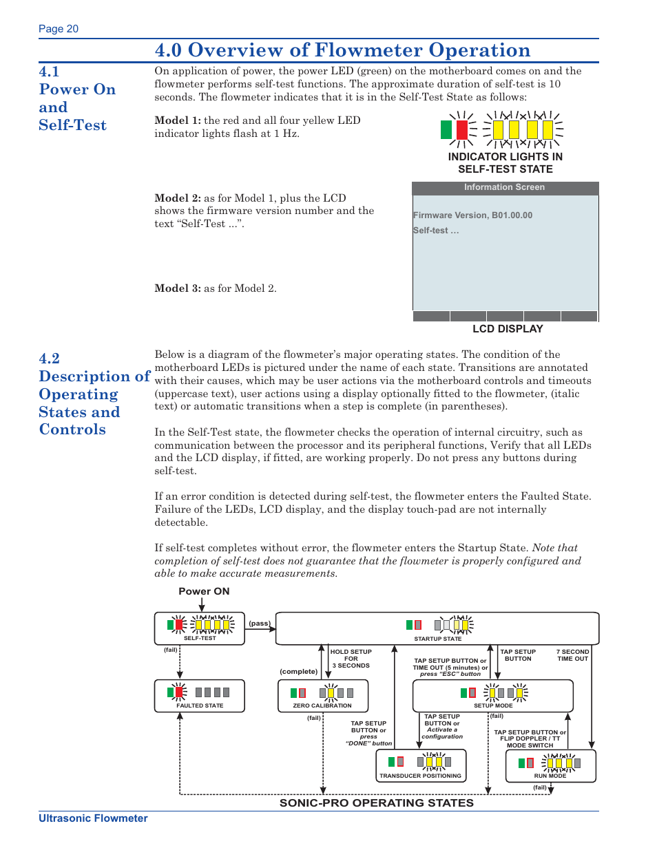 0 overview of flowmeter operation, 1 power on and self-test, 2 description of operating states and controls | Xylem FM500 ULTRASONIC FLOW METERS User Manual | Page 20 / 74