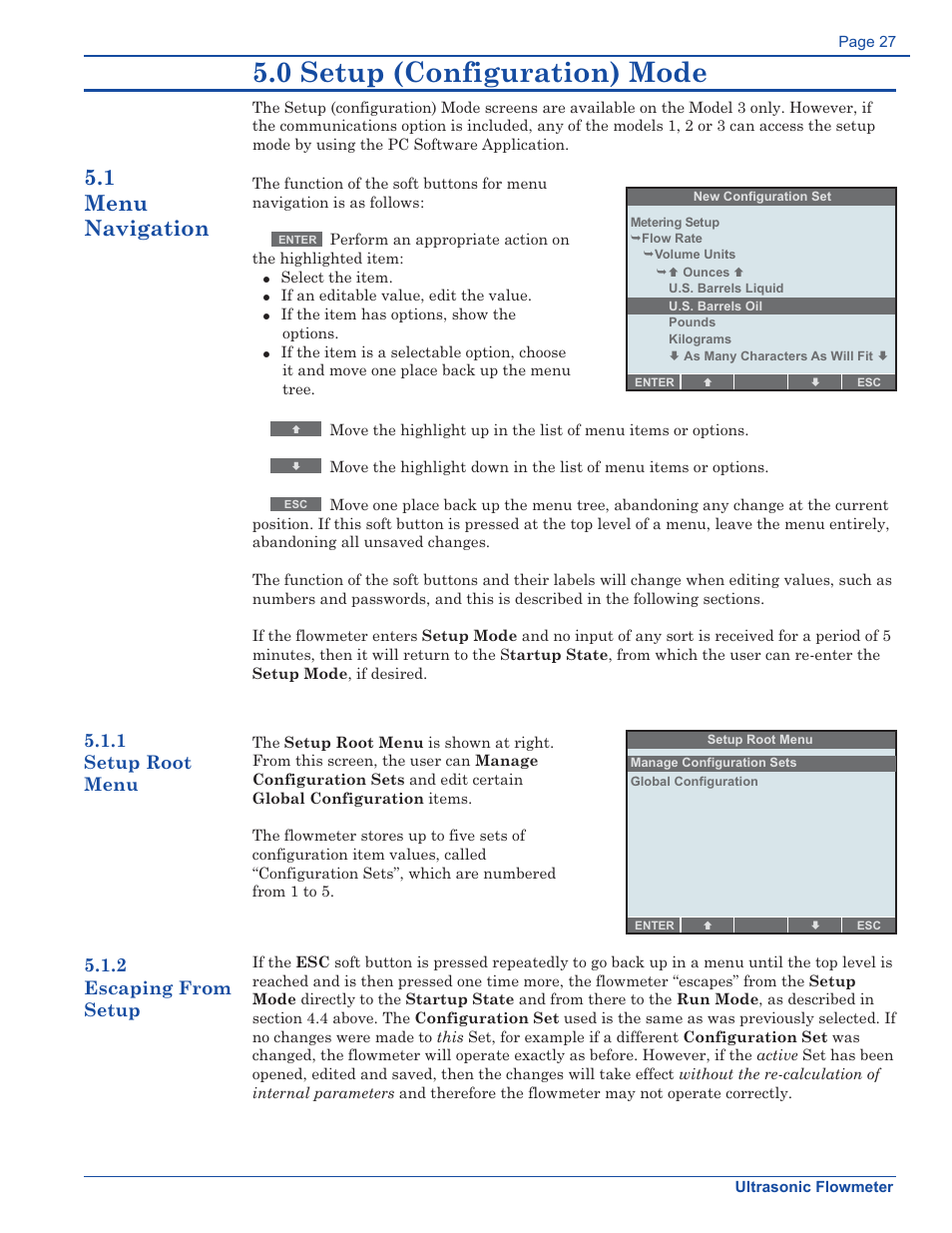 0 setup (configuration) mode, 1 menu navigation, 1 setup root menu | 2 escaping from setup | Xylem FM500 ULTRASONIC FLOW METERS User Manual | Page 27 / 74