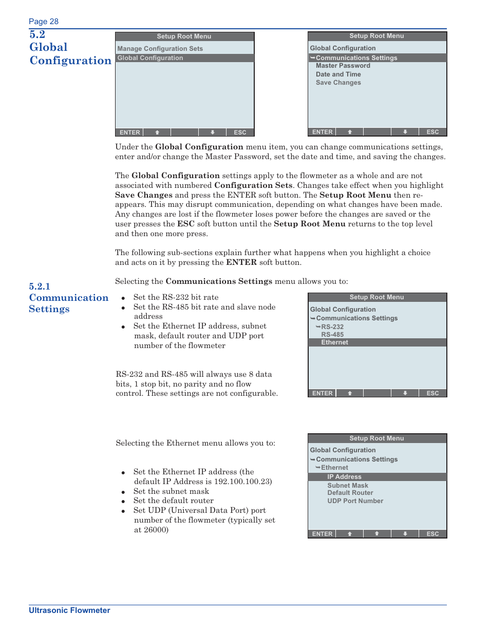 2 global configuration, 1 communication settings | Xylem FM500 ULTRASONIC FLOW METERS User Manual | Page 28 / 74