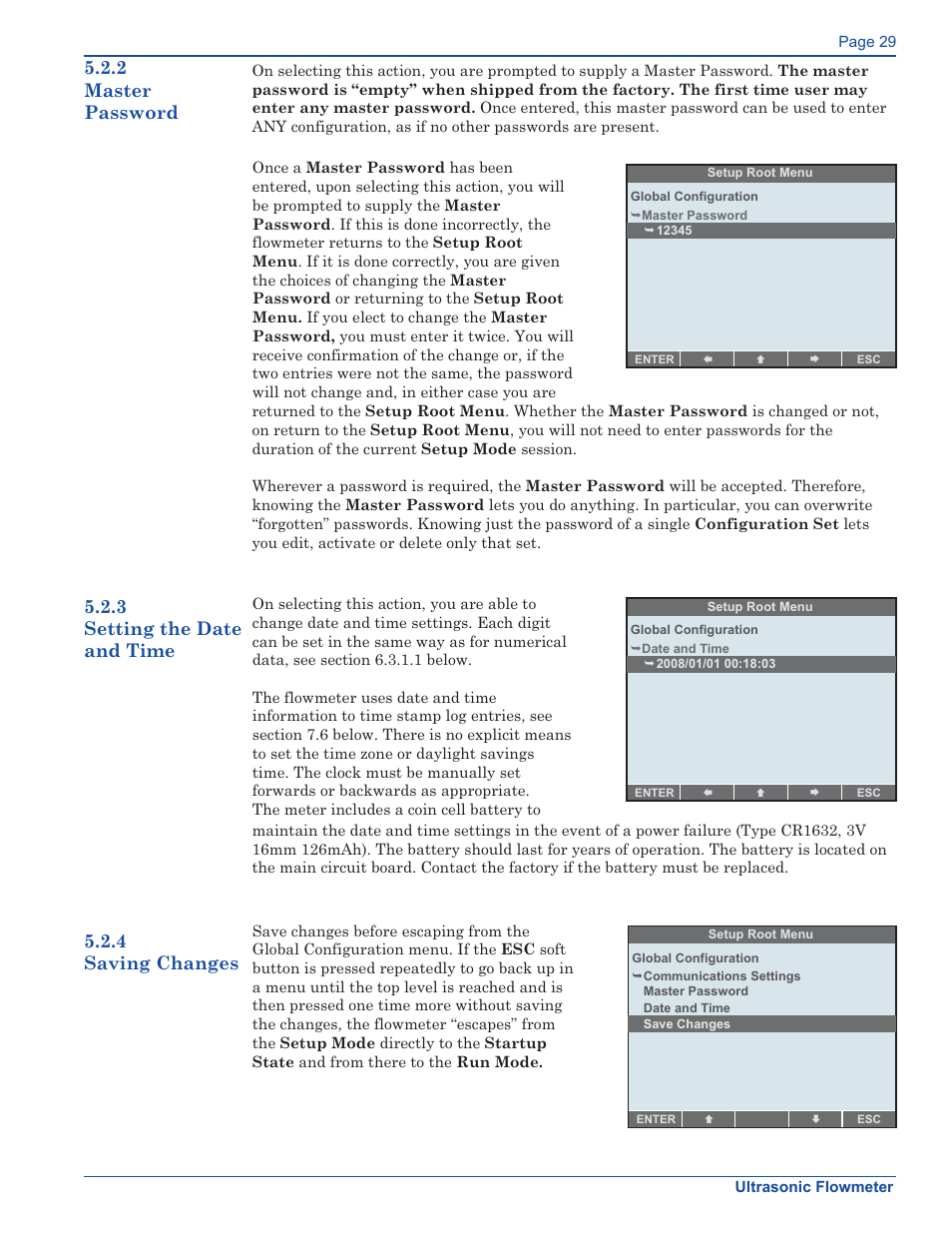 2 master password, 3 setting the date and time, 4 saving changes | Xylem FM500 ULTRASONIC FLOW METERS User Manual | Page 29 / 74