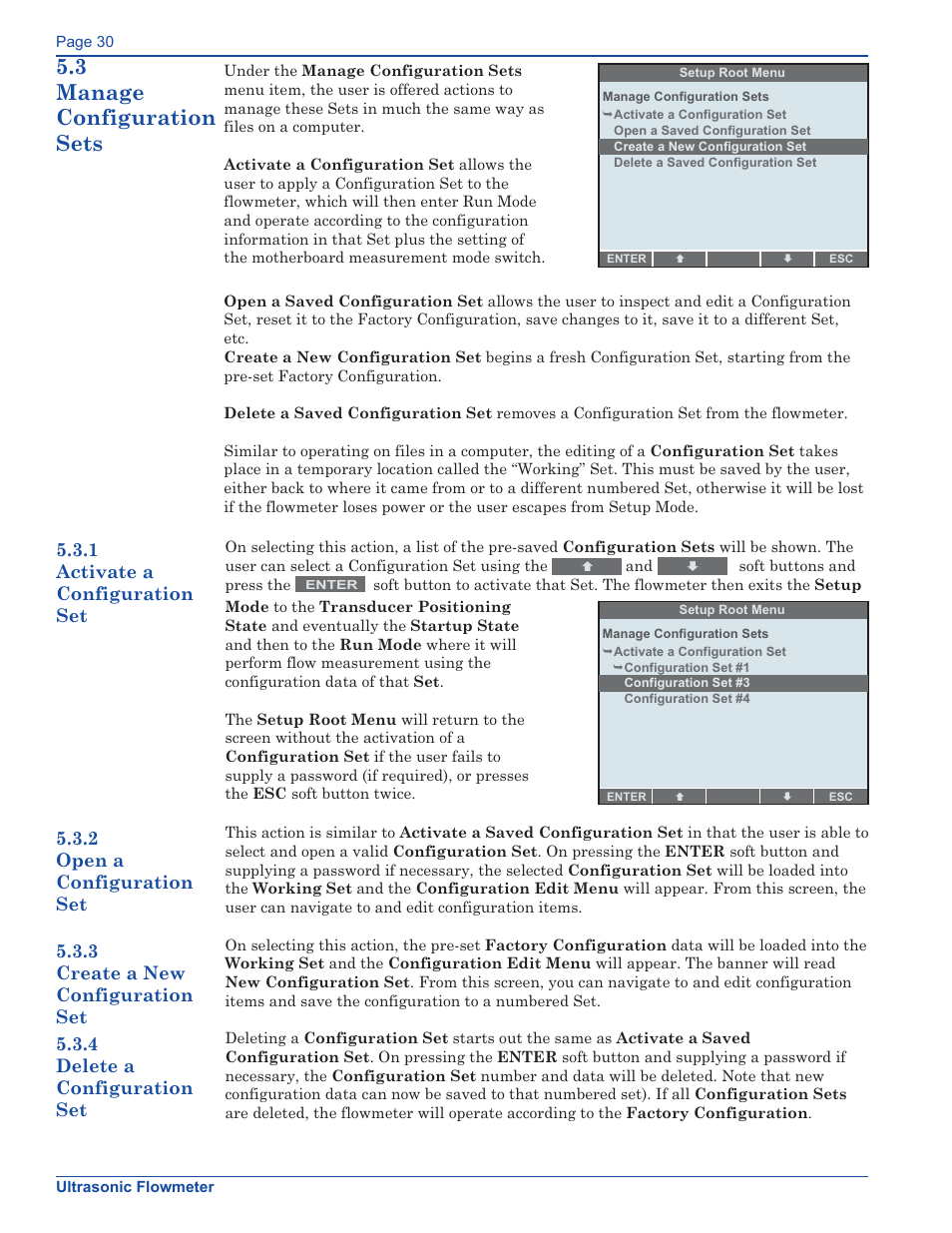 3 manage configuration sets, 1 activate a configuration set | Xylem FM500 ULTRASONIC FLOW METERS User Manual | Page 30 / 74